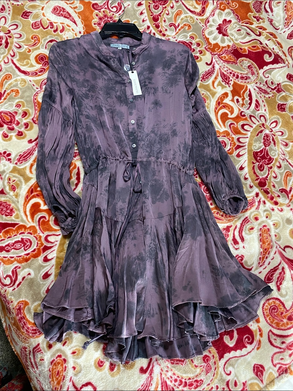 NWT Olivaceous Plum and Charcoal Tie-Dye Button Front Boho Chic dress